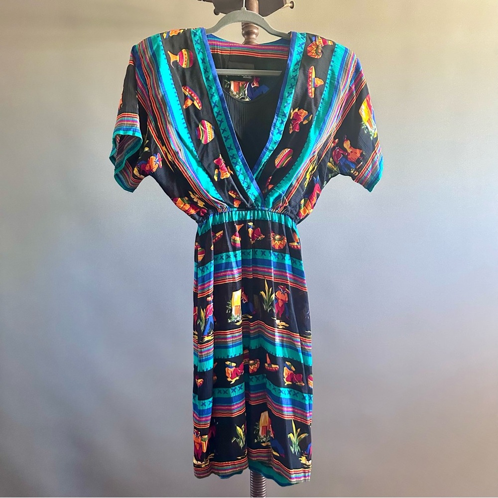 ✨ Vintage PHOEBE Petites Fiesta Print Dress – Southwestern Mexican Sombrero Scen - Picture 2 of 11